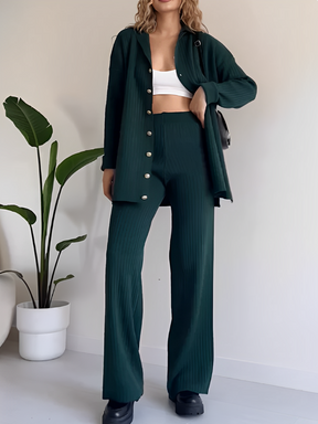 Conjunto Feminino Madeleine – Tricô Canelado com Camisa Alongada e Calça Reta Elegante