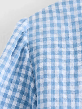 Conjunto Feminino Xadrez com Blusa de Amarração Frontal e Manga Bufante e Short com Cintura Elástica - Cassie