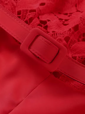 Macacão Feminino Elegante de Manga Longa com Renda e Calça Flare com Cinto - Yeva
