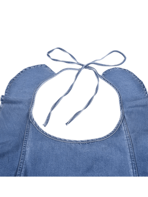 Macacão Feminino Jeans com Babados nos Ombros Amarração e Decote nas Costas - Poliana