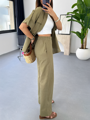 Conjunto Feminino Casual com Camisa de Manga Curta Oversized Ajustável e Calça Wige Leg Cintura Alta - Olga