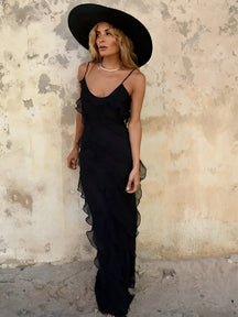 Vestido Feminino Longo de Festa em Chiffon com Babados Alças Finas e Costas Decotadas - Cassandra