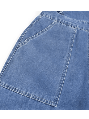 Macacão Feminino Jeans com Babados nos Ombros Amarração e Decote nas Costas - Poliana