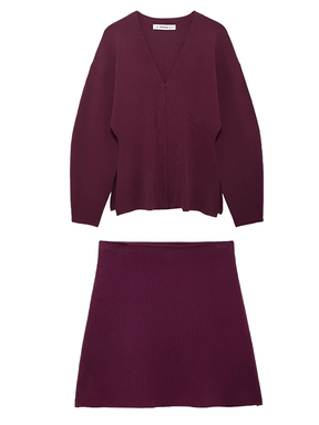 Conjunto Feminino de Tricô com Suéter Gola V e Saia Reta com Cintura Elástica - Viviene