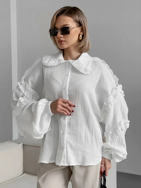 Camisa Feminina de Algodão com Babados nas Mangas e Gola - Chloe