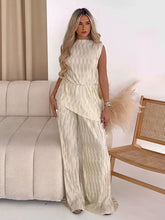 Conjunto Feminino Plissado Blusa Assimétrica Acinturada e Calça Pantalona - Camille