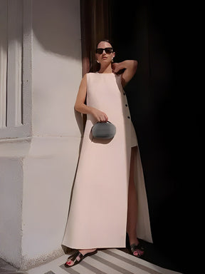 Vestido Feminino Longo com Botões Fenda Lateral e Decote Redondo - Louise