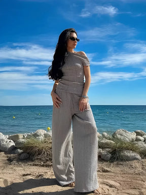 Conjunto Feminino Texturizado Blusa Ombro Caído e Calça Pantalona - Wendy