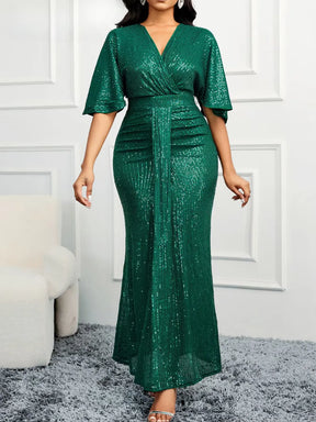 Vestido Feminino Longo de Festa Bordado em Paetês com Decote em V - Abigail