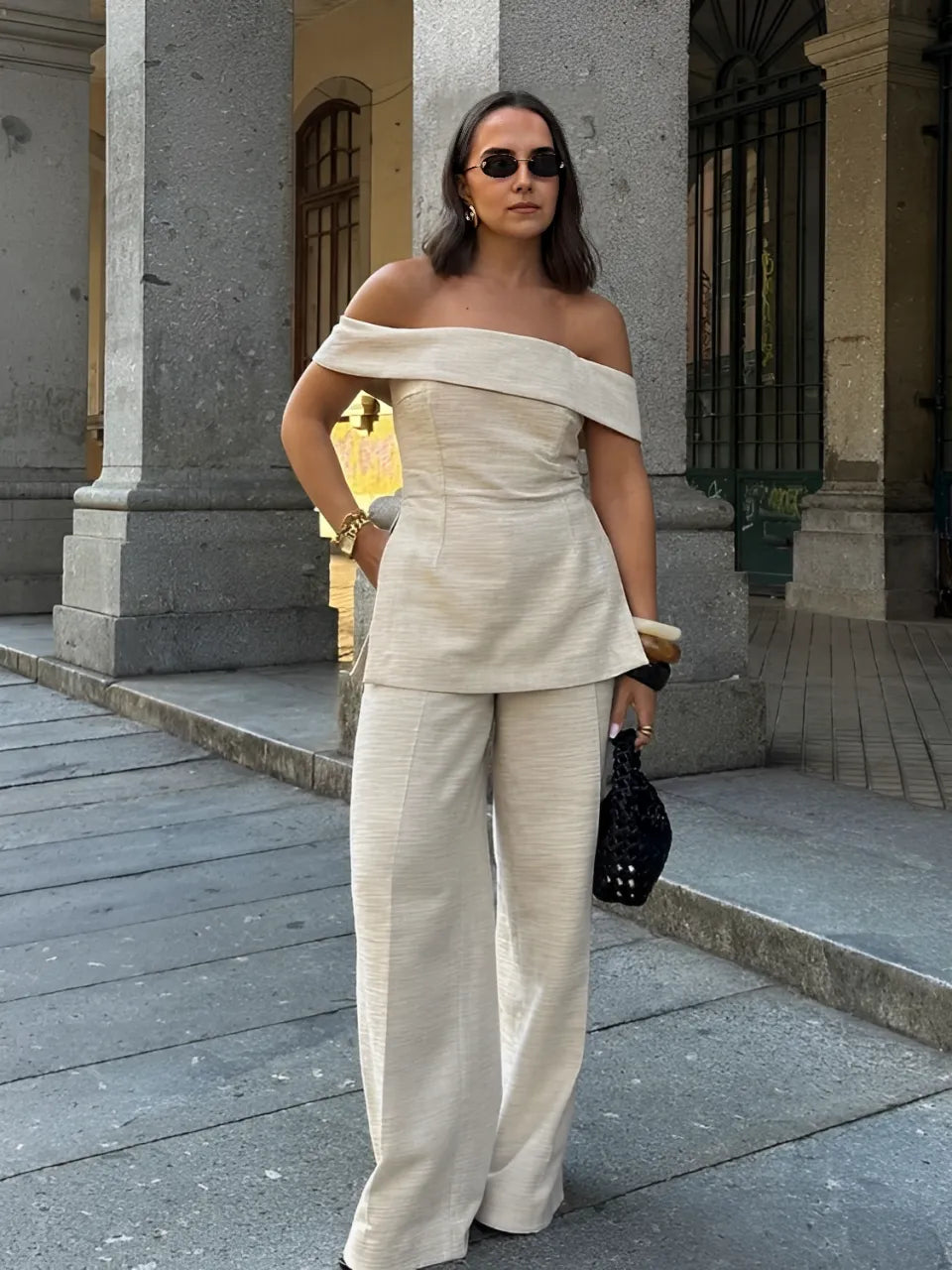 Conjunto Feminino de Linho com Blusa Tomara que Caia e Calça Reta - Heloise