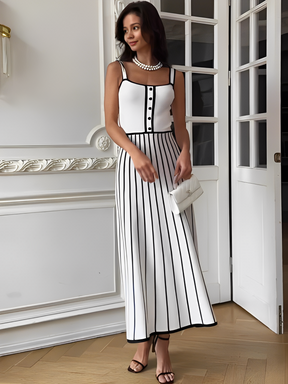 Vestido Feminino Midi Tricô Listrado Modelagem Evasê - Dandara