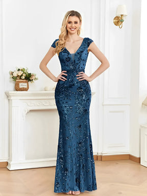 Vestido Feminino Longo de Festa Bordado com Decote em V - Celeste