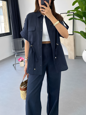 Conjunto Feminino Casual com Camisa de Manga Curta Oversized Ajustável e Calça Wige Leg Cintura Alta - Olga