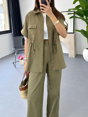 Conjunto Feminino Casual com Camisa de Manga Curta Oversized Ajustável e Calça Wige Leg Cintura Alta - Olga
