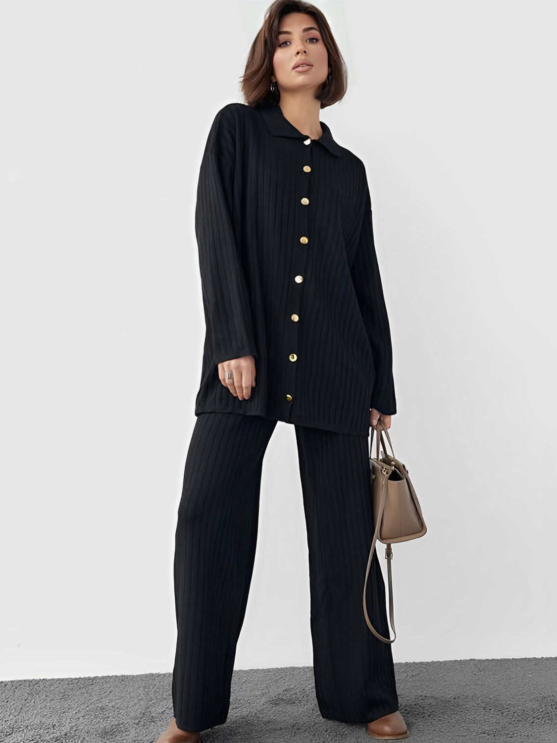 Conjunto Feminino Madeleine – Tricô Canelado com Camisa Alongada e Calça Reta Elegante