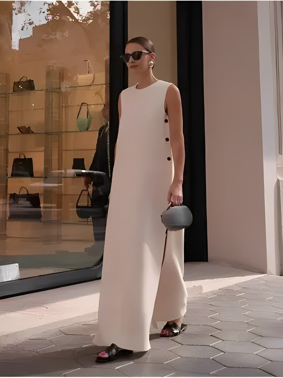 Vestido Feminino Longo com Botões Fenda Lateral e Decote Redondo - Louise