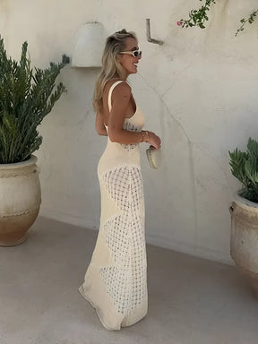 Vestido Feminino Longo Serena – Tricô Vazado com Alças Finas | Moda Verão Elegante