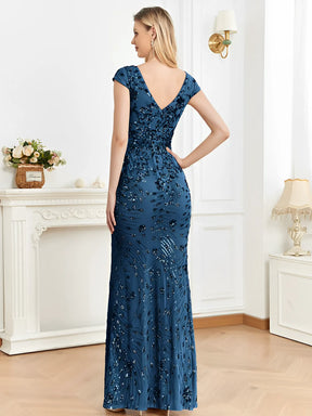 Vestido Feminino Longo de Festa Bordado com Decote em V - Celeste