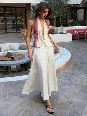 Conjunto Feminino em Linho com Blusa de Amarração Frontal Costas Abertas e Saia Longa Evasê - Isadora