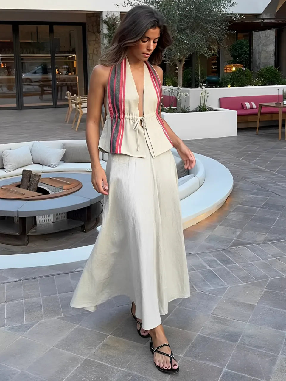 Conjunto Feminino em Linho com Blusa de Amarração Frontal Costas Abertas e Saia Longa Evasê - Isadora