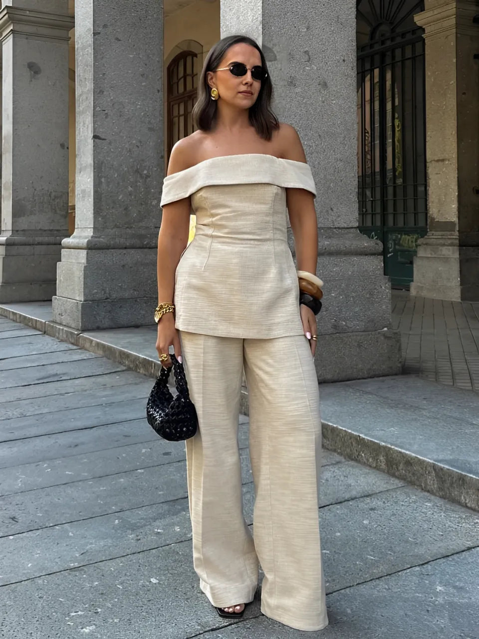 Conjunto Feminino de Linho com Blusa Tomara que Caia e Calça Reta - Heloise