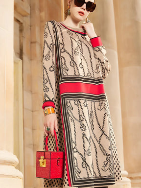 Vestido Feminino Estampado com Decote Canoa e Mangas Longas - Anete