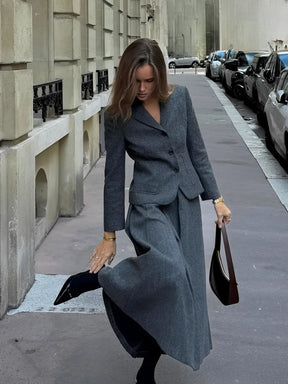 Conjunto Feminino de Blazer com Colarinho e Saia Midi em Lã Batida - Anastacia