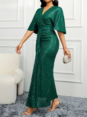 Vestido Feminino Longo de Festa Bordado em Paetês com Decote em V - Abigail