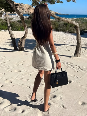 Vestido Feminino Curto em Linho Sem Mangas com Fechamento em Botões - Noemi