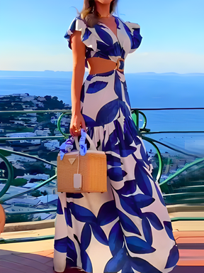 Vestido Feminino Longo Estampado Detalhes Vazados Mangas Borboleta - Afrodite
