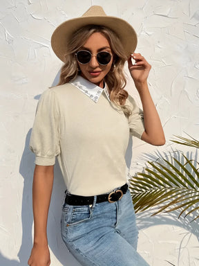 Blusa Feminina Gola Polo Bordada Mangas Bufantes - Laura