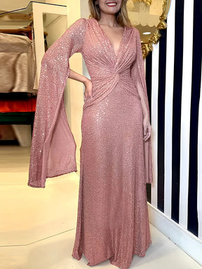 Vestido Feminino Longo de Festa Paêtes Decote em V e Nó na Cintura  - Dafne