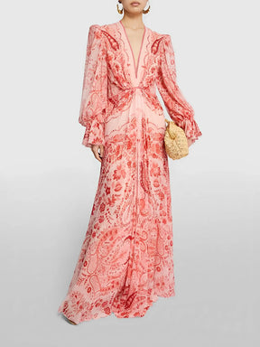 Vestido Feminino Longo Estampado de Manga Longa e Acinturado - Clarisse