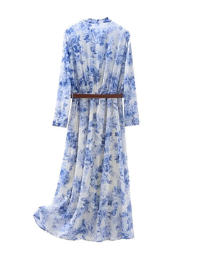 Vestido Feminino Midi Floral Azul em Chiffon com Aplique de Flores e Decote V - Sara
