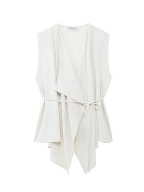 Blusa Feminina Bainha Assimétrica com Decote em V e Cinto de Cordão Ajustável - Serena