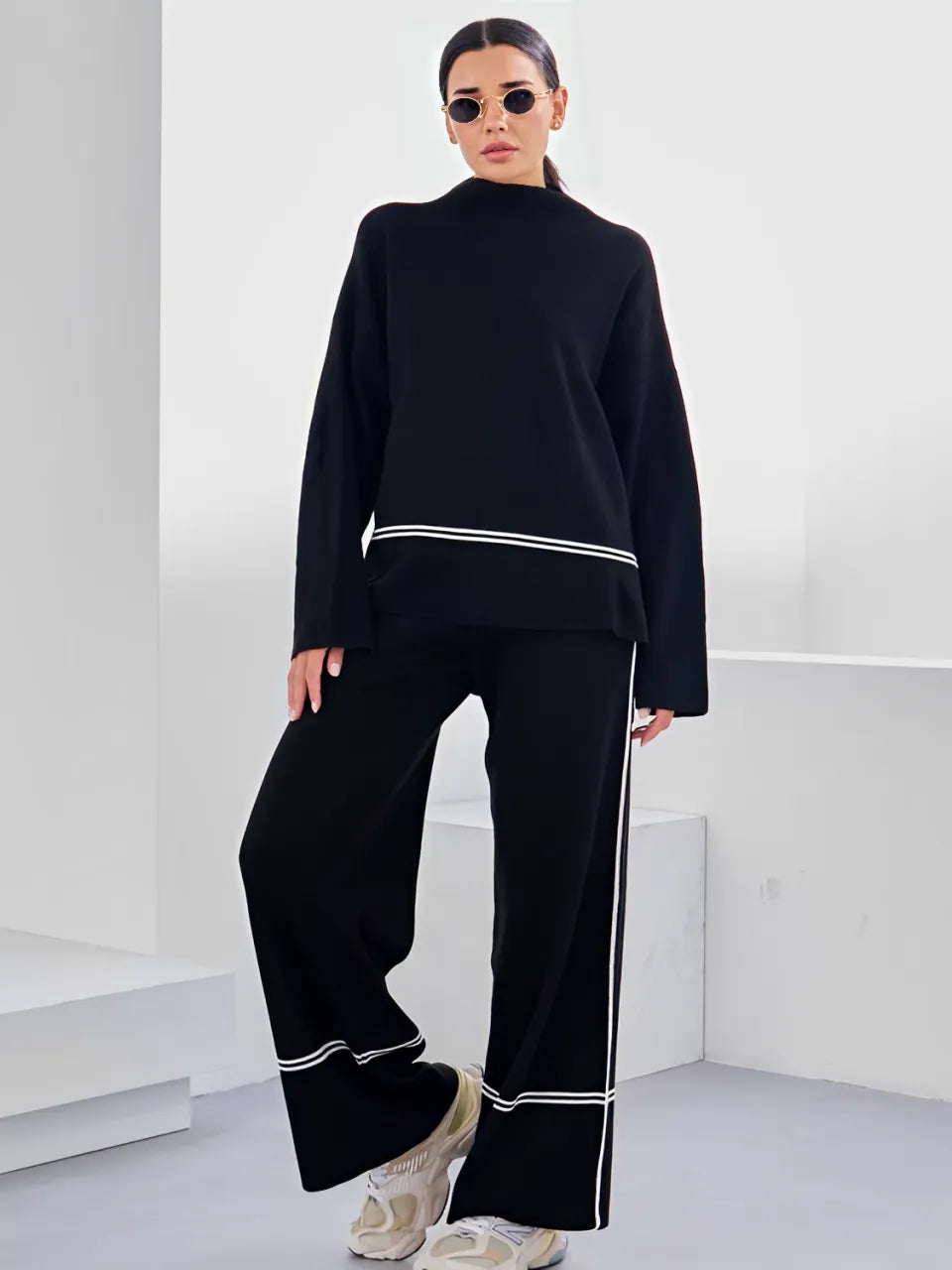 Conjunto Feminino Élise – Tricô com Suéter Mullet Gola Alta e Calça Cintura Alta Confortável