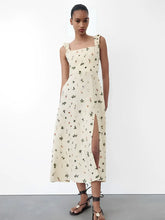 Vestido Feminino Midi de Linho com Estampa Floral e Amarração nas Costas - Malu