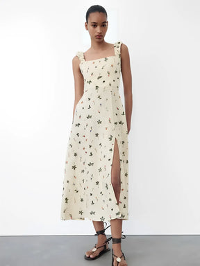 Vestido Feminino Midi de Linho com Estampa Floral e Amarração nas Costas - Malu