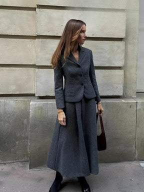 Conjunto Feminino de Blazer com Colarinho e Saia Midi em Lã Batida - Anastacia