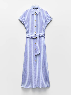 Vestido Feminino Chemise Midi em Linho com Abertura Frontal de Botões - Jessie