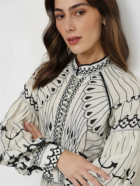 Vestido Feminino Midi Estampado Elegante com Gola Padre Cinto e Mangas Longas - Mia