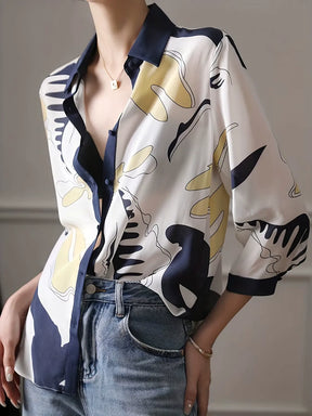 Camisa Feminina Estampada Casual com Decote em V e Botões - Elara