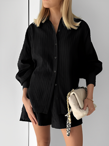 Conjunto Feminino de Camisa Laise de Mangas Longas e Shorts Cintura Alta Texturizado - Cate
