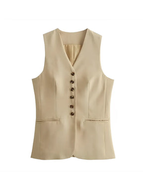 Conjunto Feminino Alfaiataria com Colete Abotoado e Saia Longa Fluida - Anabelle