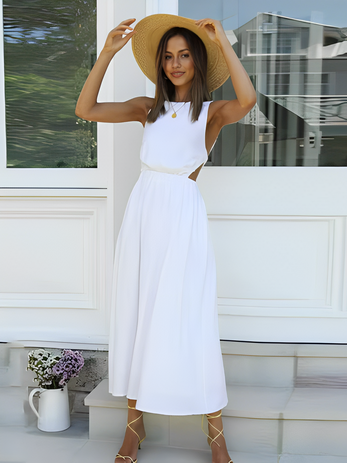 Vestido Feminino Midi sem Mangas com Elástico e Costas Abertas - Vera