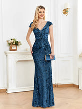Vestido Feminino Longo de Festa Bordado com Decote em V - Celeste