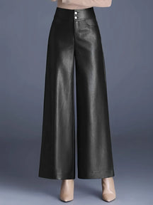 Calça Feminina Flare Cintura Alta em Couro Sintético com Fechamento em Botão - Ellie.