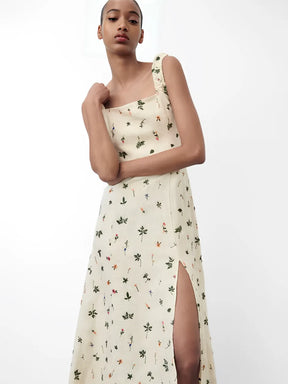Vestido Feminino Midi de Linho com Estampa Floral e Amarração nas Costas - Malu