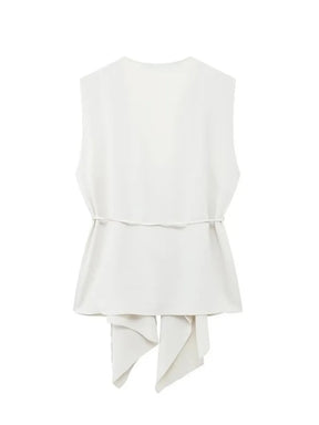 Blusa Feminina Bainha Assimétrica com Decote em V e Cinto de Cordão Ajustável - Serena