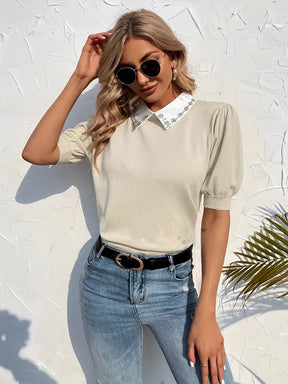 Blusa Feminina Gola Polo Bordada Mangas Bufantes - Laura